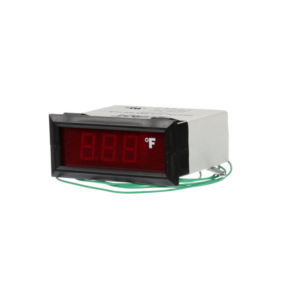 A digital thermometer with red numbers.