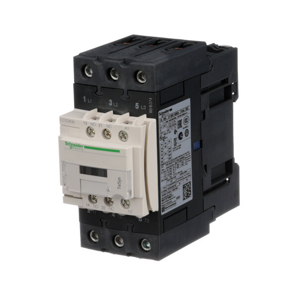 A black and white Baxter contactor with green circuit breaker.