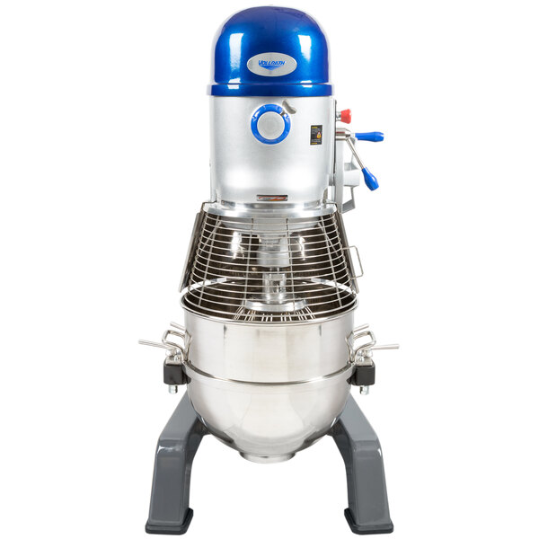 A Vollrath 60 qt. planetary floor mixer with a blue and silver machine.