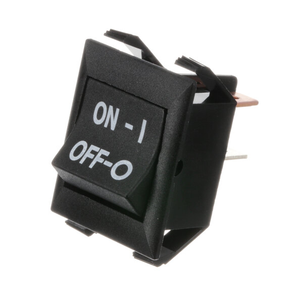 A black on / off switch with white text.