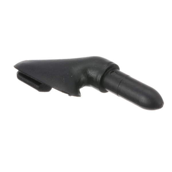 A close up of a black plastic object with a round tip and a hole.