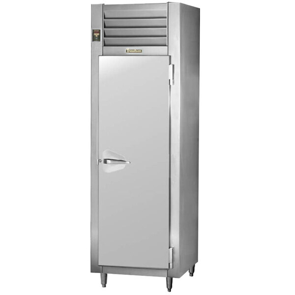 A stainless steel Traulsen reach-in freezer with a solid door.