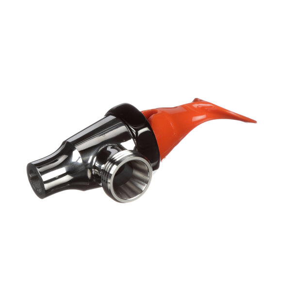 A red and orange plastic pipe with a metal handle on a white background.