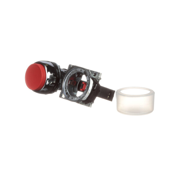 A red and black Globe mixer stop button with a white ring.
