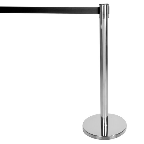 A silver chrome Aarco crowd control stanchion with a black retractable belt.
