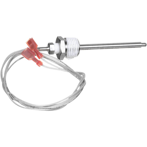 A metal rod with a white and red wire and metal connector.