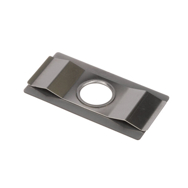 A stainless steel Rational door latch cover with a hole.