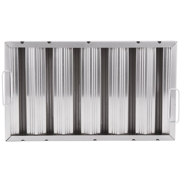 A stainless steel All Points hood filter with ridged metal panels.