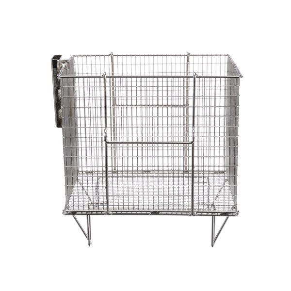 A Henny Penny wire mesh fry basket with a metal frame.