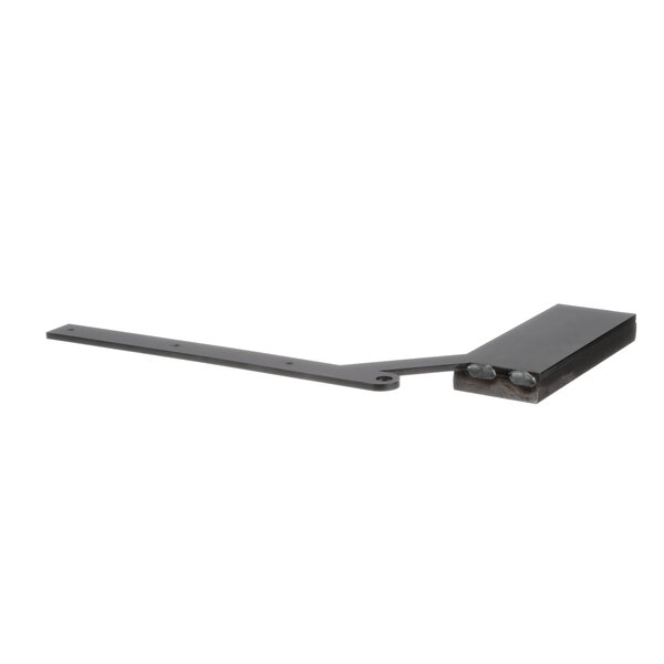 A black metal rectangular object with a long arm and a corner with holes.