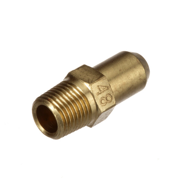 A close-up of a brass threaded fitting.