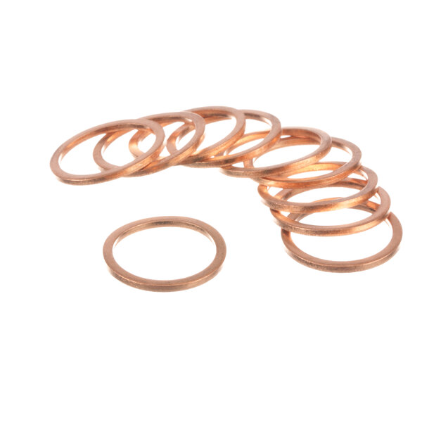 A pack of copper washers on a white background.