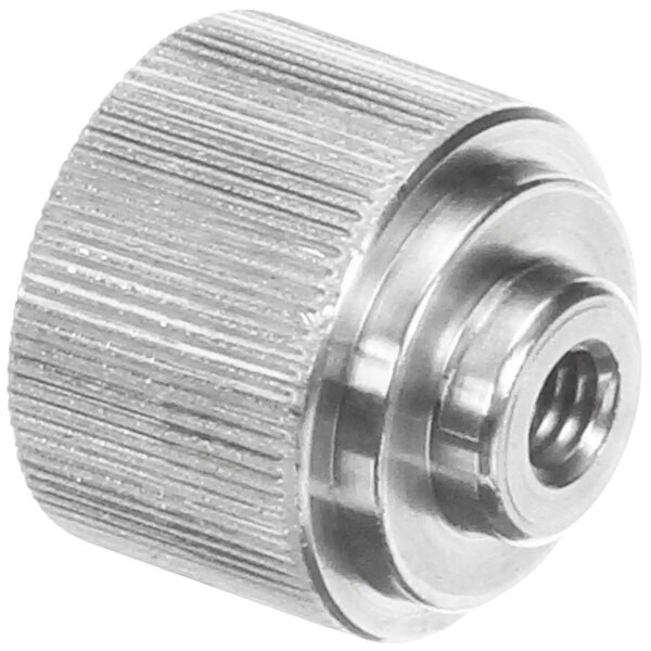 A stainless steel threaded nut for a Berkel meat slicer.