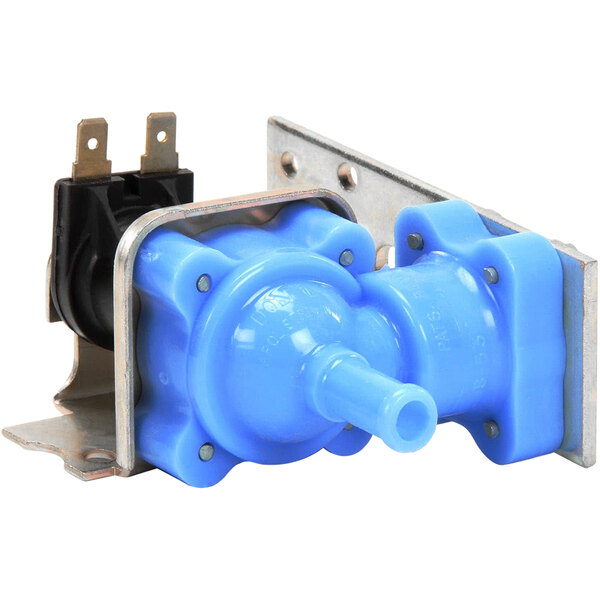 A Cornelius blue and silver water valve solenoid with a blue plastic cover.
