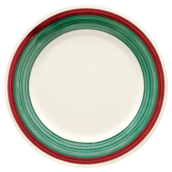 A white plate with a red and green border.