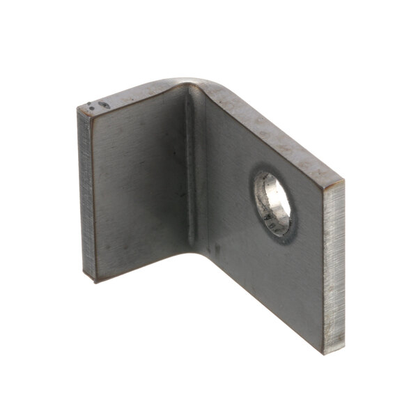 A metal square bracket with a hole in one corner.
