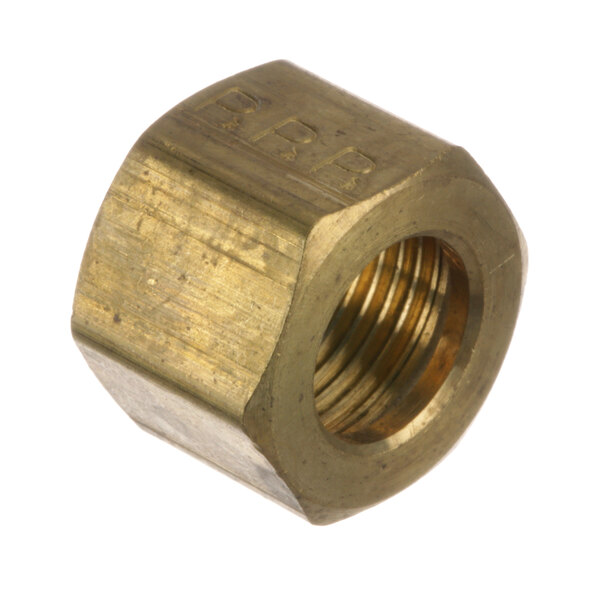 A close-up of a brass Duke nut.