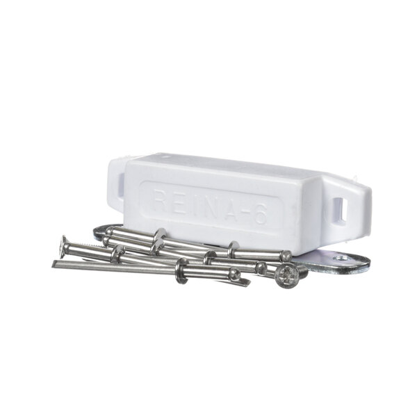 A white plastic rectangular latch with metal screws and nuts.