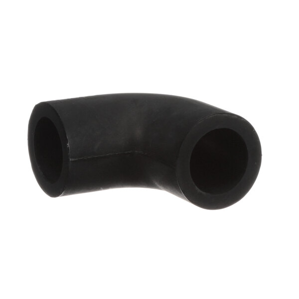 A close-up of a black rubber elbow pipe with holes.