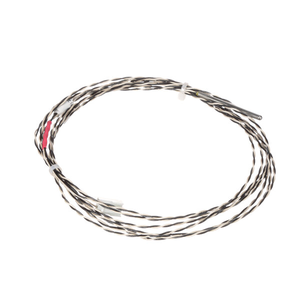 A close-up of a cable with a wire that has a red and white stripe.