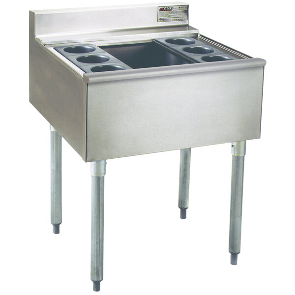 A large stainless steel Eagle Group underbar cocktail and ice bin with bottle holders.