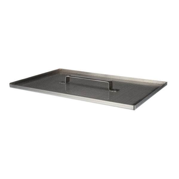 A stainless steel metal tray with a handle.