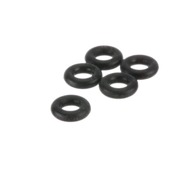 A group of black rubber O-rings with a white background.