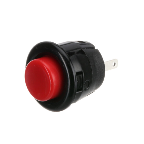 A red push button with a black plastic base.