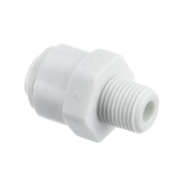 A close-up of a white plastic threaded male connector.