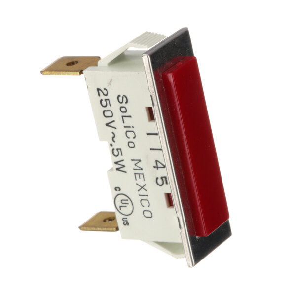 A close-up of a rectangular Blodgett signal light with a red switch on a white background.
