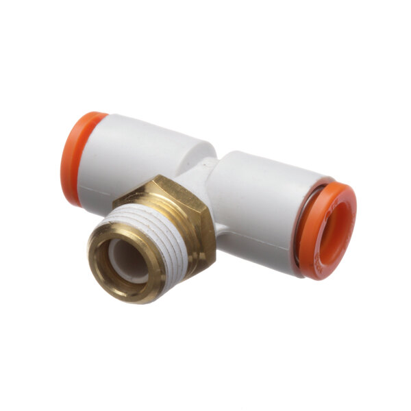 An orange and white plastic pipe fitting with a wheel inside.
