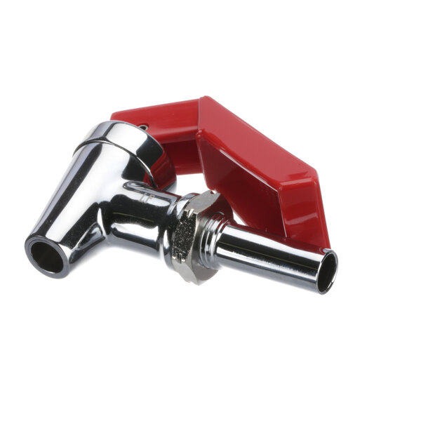 A red and chrome Grindmaster-Cecilware hot water faucet with a red handle.