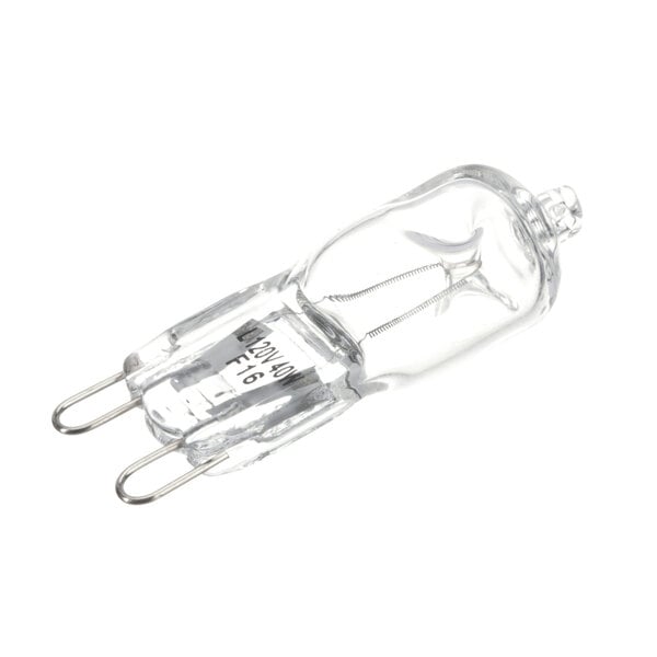 A close-up of a clear Baxter 40 watt halogen light bulb with metal tips.