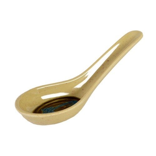 A beige melamine soup spoon with a blue design on the handle.