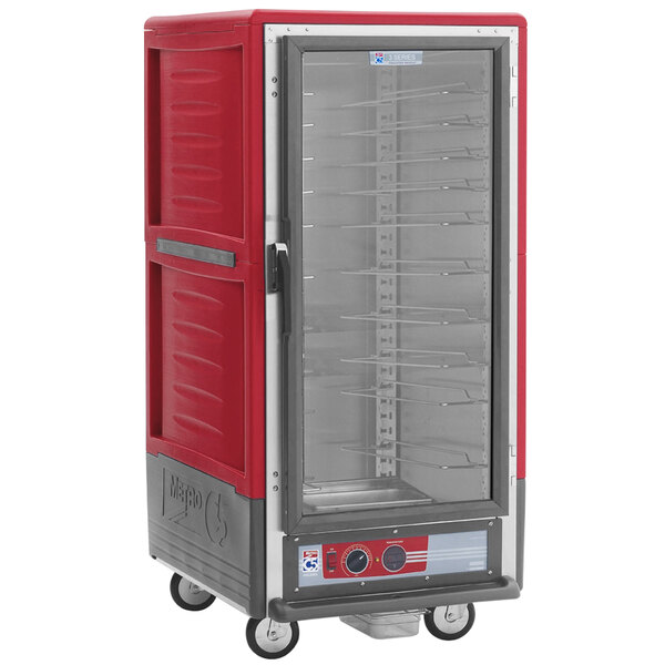 A red Metro C5 heated holding cabinet with clear door.