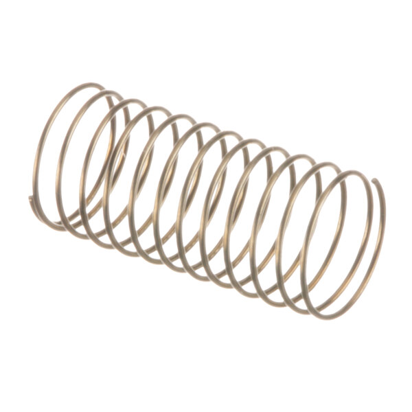 A close-up of a metal spiral spring with a gold color on a white background.