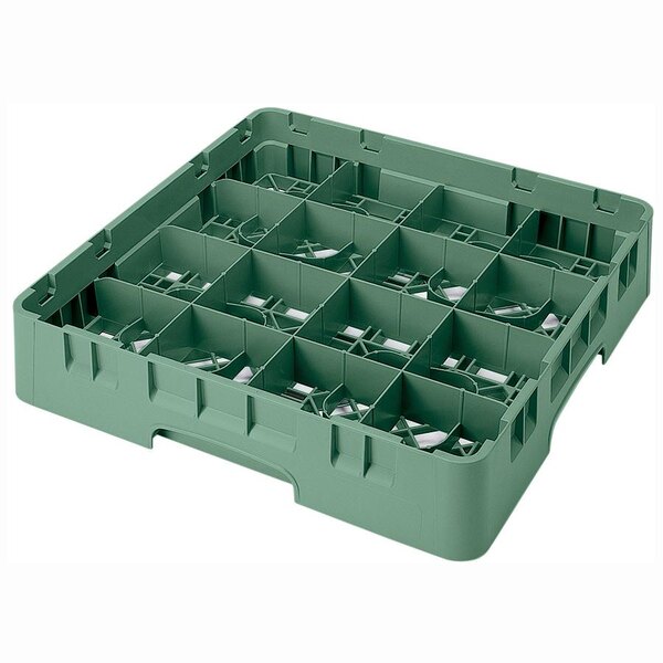 A green plastic Cambro glass rack with 16 compartments and 2 extenders.