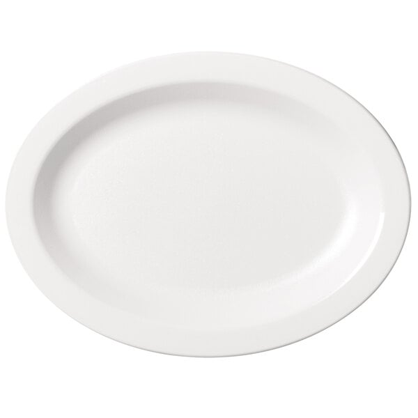 A white Cambro narrow rim platter on a white surface.