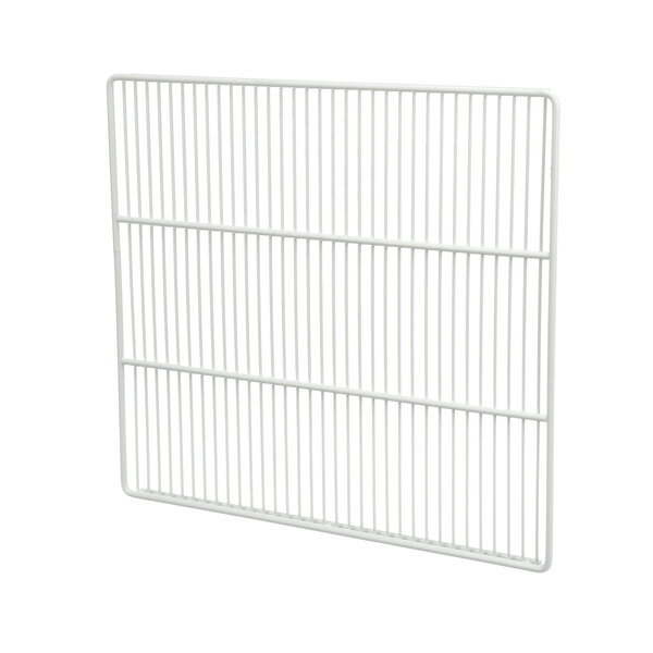 A white metal shelf with vertical bars.
