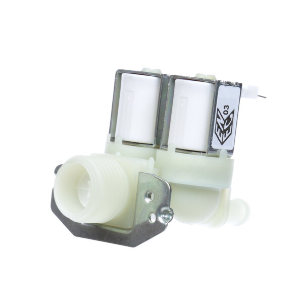 A white plastic Bunn solenoid valve with two white plastic pipes.