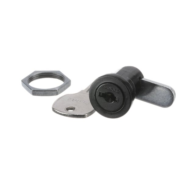 A black lock and nut on a metal ring.