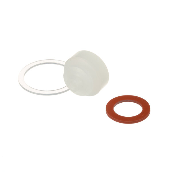A white plastic cap with a red gasket and a white plastic bottle with a round lid.