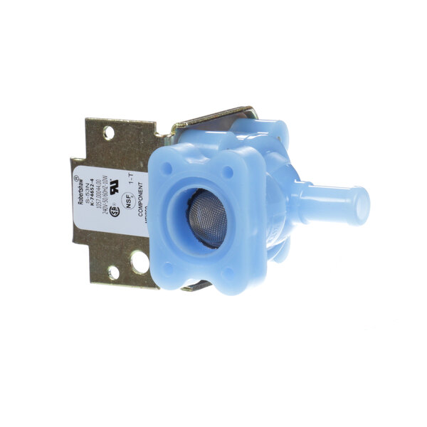 A blue plastic Fetco fill valve with a white label.