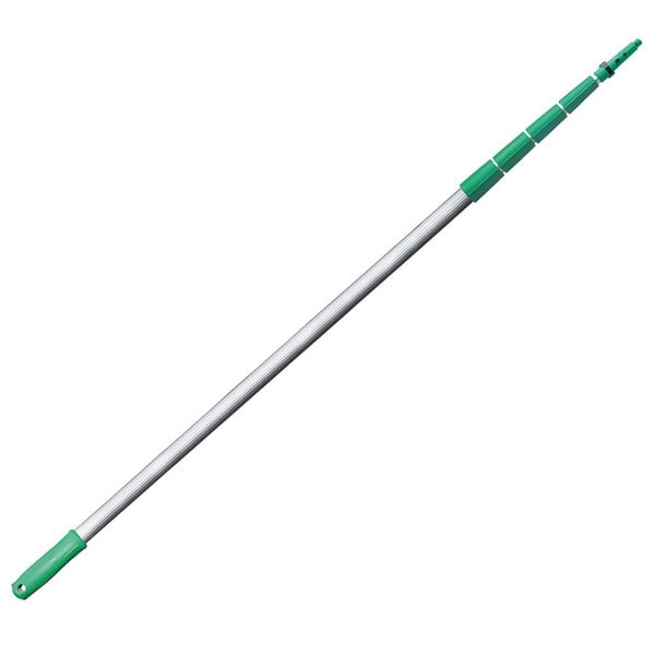 A Unger green and white telescopic pole with a green and silver ErgoTec locking cone.