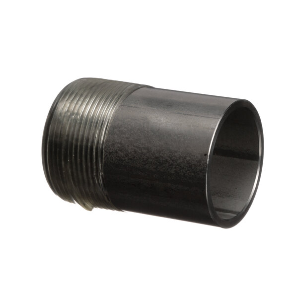 A close-up of a black threaded pipe with a metal tube on the end.