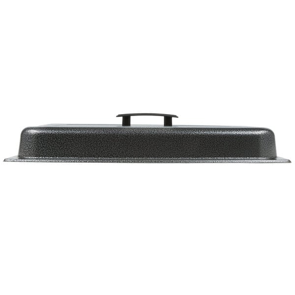 A black metal rectangular Sterno chafer cover with a handle.
