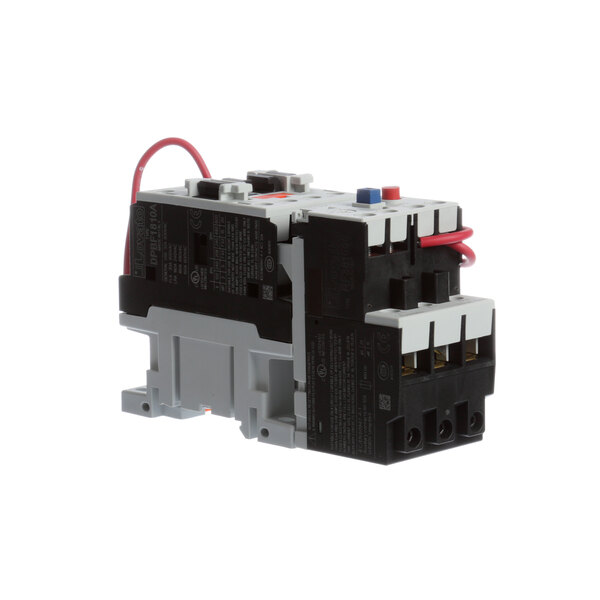 A black and white Univex motor starter with red and black wires.