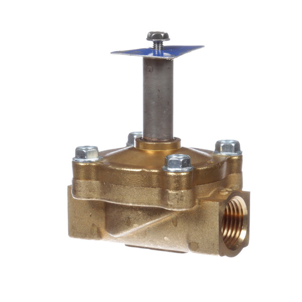 A Delfield KBR184P1 brass solenoid valve with a metal nut on top.