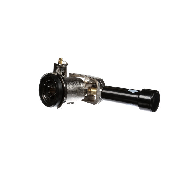 A Perlick keg coupler assembly with a black and silver device and a black handle.