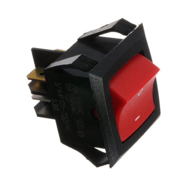 A Montague black and red rocker switch with a red button.